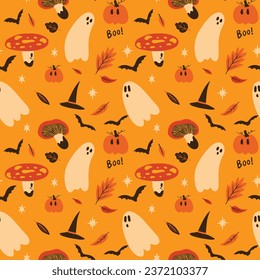 Halloween seamless vector pattern with ghost, pumpkin, bats, mushrooms and leaves. Autumn season cartoon flat illustration