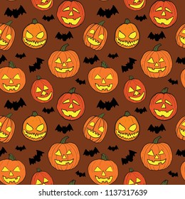 Halloween seamless vector pattern with hand drawn orange pumpkins carved faces and black bats on brown background.