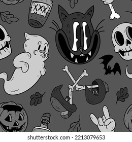 Halloween seamless vector pattern. Hand drawn background in retro old cartoons style.