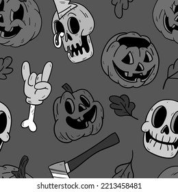 Halloween seamless vector pattern. Hand drawn background in retro old cartoons style.