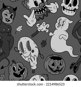 Halloween seamless vector pattern. Hand drawn background in retro old cartoons style.