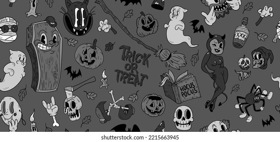 Halloween seamless vector pattern. Hand drawn background in retro old cartoons style.