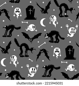 Halloween seamless vector pattern in hand drawn old cartoon style  Background and ghosts  tombstone  black cats  bats  moon  stars in grayscale colors 