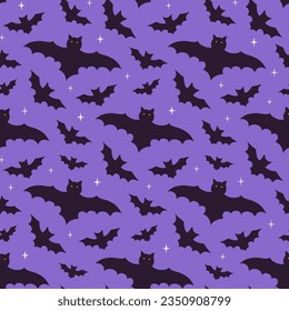 Halloween seamless vector pattern with hand drawn bat in the night sky. Holiday background for print, fabric, wallpaper, wrapping paper, textile, packaging.