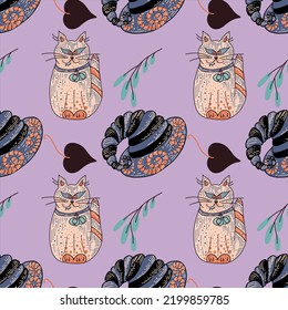 Halloween seamless vector pattern with leaves, pumpkins, cat, hut on lilac background. For wrapping paper, cards, posters, banners.
