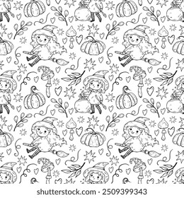 Halloween seamless vector pattern with little funny witches in hats, pumpkins, mushrooms. Black line illustration for decoration and design wrapping paper, fabrics, souvenirs
