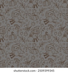 Halloween seamless vector pattern with little funny witches in hats, pumpkins, mushrooms. Braun line illustration for decoration and design wrapping paper, fabrics, souvenirs
