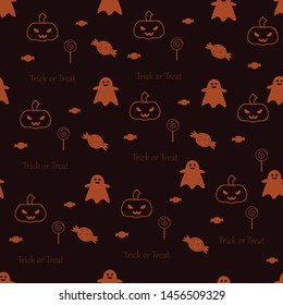 Halloween seamless vector pattern with lollipop, candy, pumpkin, ghost. Endless texture can be used for wallpaper, pattern fills, web page background, gift wrap. Vector background.  