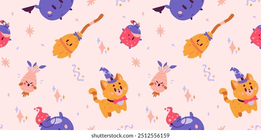 Halloween seamless vector pattern with magical kawaii characters and witchcraft.