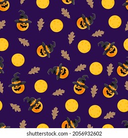 Halloween seamless vector pattern with moon and pumpkins