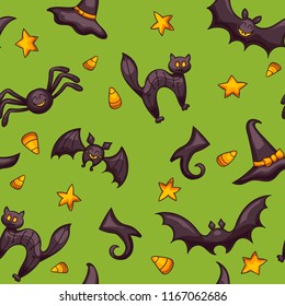 Halloween seamless vector pattern. One of big collection of design elements in traditional holiday colors. Cute cartoon design for kids, prints, textile, wrapping.
