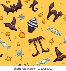 Halloween seamless vector pattern. One of big collection of design elements in traditional holiday colors. Cute cartoon design for kids, prints, textile, wrapping.