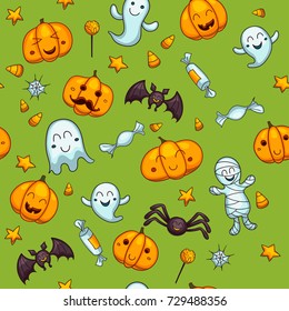 Halloween seamless vector pattern. One of big collection of design elements in traditional holiday colors. Cute cartoon design for kids, prints, textile, wrapping.