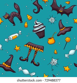 Halloween seamless vector pattern. One of big collection of design elements in traditional holiday colors. Cute cartoon design for kids, prints, textile, wrapping.