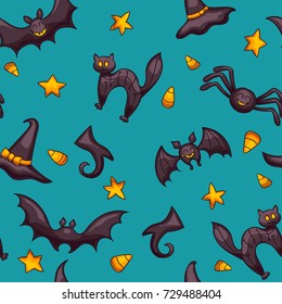 Halloween seamless vector pattern. One of big collection of design elements in traditional holiday colors. Cute cartoon design for kids, prints, textile, wrapping.