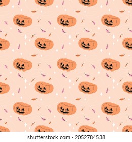 Halloween seamless vector pattern with pumpkin and leaves. Jack o'lantern pattern. Spooky fall texture to create seamless background