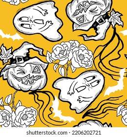 Halloween seamless vector pattern with pumpkin, ghost, bat. Decor for party celebration, fabric print. textile design, backdrop, background, wrapping paper, scrapbooking. Hand drawn cartoon character.