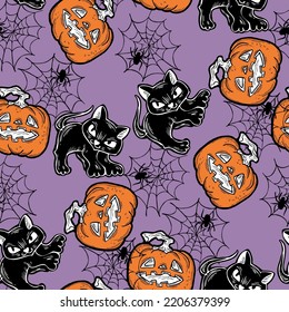 Halloween seamless vector pattern with pumpkin, spider, cat. Decor for party celebration, fabric print. textile design, backdrop, background, wrapping paper, scrapbooking. Hand drawn cartoon character