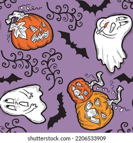 Halloween seamless vector pattern with pumpkin, ghost, bat. Decor for party celebration, fabric print. textile design, backdrop, background, wrapping paper, scrapbooking. Hand drawn cartoon character.