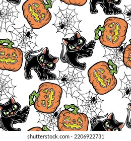 Halloween seamless vector pattern with pumpkin, spider, cat. Decor for party celebration, fabric print. textile design, backdrop, background, wrapping paper, scrapbooking. Hand drawn cartoon character
