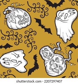Halloween seamless vector pattern with pumpkin, ghost, bat. Decor for party celebration, fabric print. textile design, backdrop, background, wrapping paper, scrapbooking. Hand drawn cartoon character.