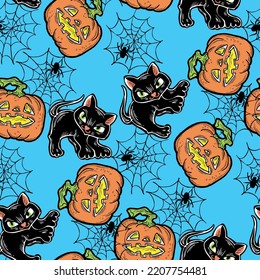 Halloween seamless vector pattern with pumpkin, spider, cat. Decor for party celebration, fabric print. textile design, backdrop, background, wrapping paper, scrapbooking. Hand drawn cartoon character