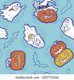 Halloween seamless vector pattern with pumpkin, ghost, bat. Decor for party celebration, fabric print. textile design, backdrop, background, wrapping paper, scrapbooking. Hand drawn cartoon character.