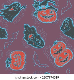 Halloween seamless vector pattern with pumpkin, ghost, bat. Decor for party celebration, fabric print. textile design, backdrop, background, wrapping paper, scrapbooking. Hand drawn cartoon character.