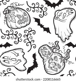 Halloween seamless vector pattern with pumpkin, ghost, bat. Decor for party celebration, fabric print. textile design, backdrop, background, wrapping paper, scrapbooking. Hand drawn cartoon character.