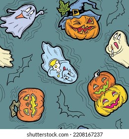 Halloween seamless vector pattern with pumpkin, ghost, bat. Decor for party celebration, fabric print. textile design, backdrop, background, wrapping paper, scrapbooking. Hand drawn cartoon character.