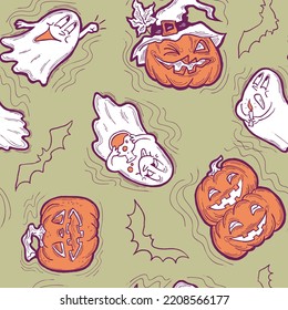 Halloween seamless vector pattern with pumpkin, ghost, bat. Decor for party celebration, fabric print. textile design, backdrop, background, wrapping paper, scrapbooking. Hand drawn cartoon character.
