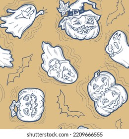 Halloween seamless vector pattern with pumpkin, ghost, bat. Decor for party celebration, fabric print. textile design, backdrop, background, wrapping paper, scrapbooking. Hand drawn cartoon character.