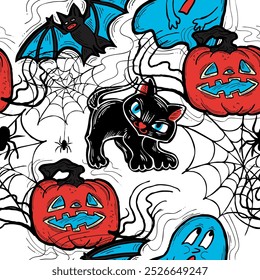 Halloween seamless vector pattern with pumpkin, ghost, bat. Decor for party celebration, fabric print. textile design, backdrop, background, wrapping paper, scrapbooking. Hand drawn cartoon character.