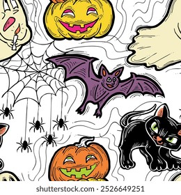 Halloween seamless vector pattern with pumpkin, ghost, bat. Decor for party celebration, fabric print. textile design, backdrop, background, wrapping paper, scrapbooking. Hand drawn cartoon character.