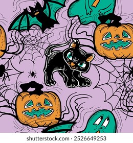 Halloween seamless vector pattern with pumpkin, ghost, bat. Decor for party celebration, fabric print. textile design, backdrop, background, wrapping paper, scrapbooking. Hand drawn cartoon character.