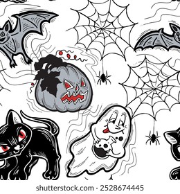 Halloween seamless vector pattern with pumpkin, ghost, bat. Decor for party celebration, fabric print. textile design, backdrop, background, wrapping paper, scrapbooking. Hand drawn cartoon character.