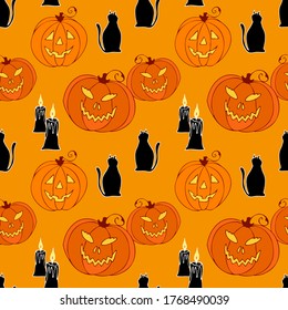 Halloween. Seamless vector pattern with pumpkins, cats and candles on an orange background.