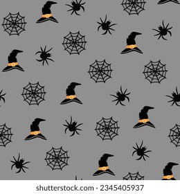 Halloween seamless vector pattern with pumpkins, hats, bat, skulls and spiders. Scary vector image. Halloween party vector background illustration.