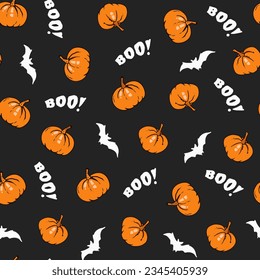 Halloween seamless vector pattern with pumpkins, hats, bat, skulls and spiders. Scary vector image. Halloween party vector background illustration.