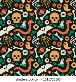 Halloween seamless vector pattern  with skull, bat, spider, web,  ghost, bones, snake and floral elements.