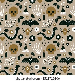 Halloween seamless vector pattern  with skull, bat, spider, web, ghost, bones, snake and floral elements.
