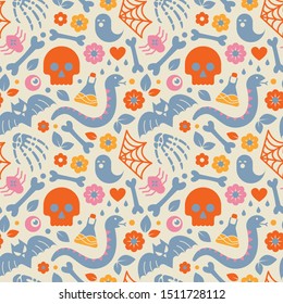 Halloween seamless vector pattern  with skull, bat, spider, web,  ghost, bones, snake and floral elements.