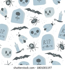 Halloween seamless vector pattern with skulls, bats, spiders, headstones in blue colors on white background