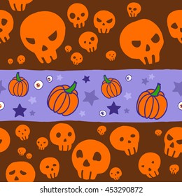 Halloween. Seamless vector pattern with skulls and pumpkins. Vector hand-drawn sketch.