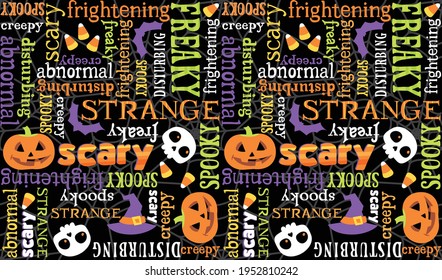 Halloween seamless vector pattern with spooky words, creepy skulls, witch hats, pumpkins, bats, and candy corn. Repeating pattern can be used for webpages, packaging, backgrounds, or surface designs.