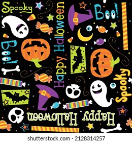 Halloween seamless vector pattern with spooky words, creepy skulls, witch hats, pumpkins, bats, and candy corn. Repeating pattern can be used for webpages, packaging, backgrounds, or surface designs.