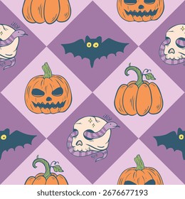 Halloween Seamless Vector Pattern with Spooky Symbols. Great for wrapping paper, digital backgrounds, textile design, and festive projects.