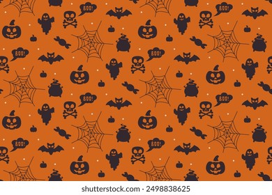 Halloween Seamless vector pattern with Halloween symbols: ghost, bat, pumpkin. Vector texture for background, wrapping paper, invitation, banner
