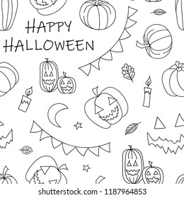 Halloween Seamless Vector Pattern. Traditional symbols set. Doodle style illustration. Vector illustration