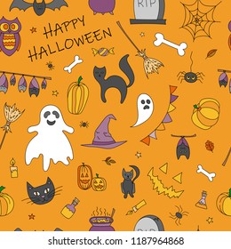 Halloween Seamless Vector Pattern. Traditional symbols set. Doodle style illustration. Vector illustration